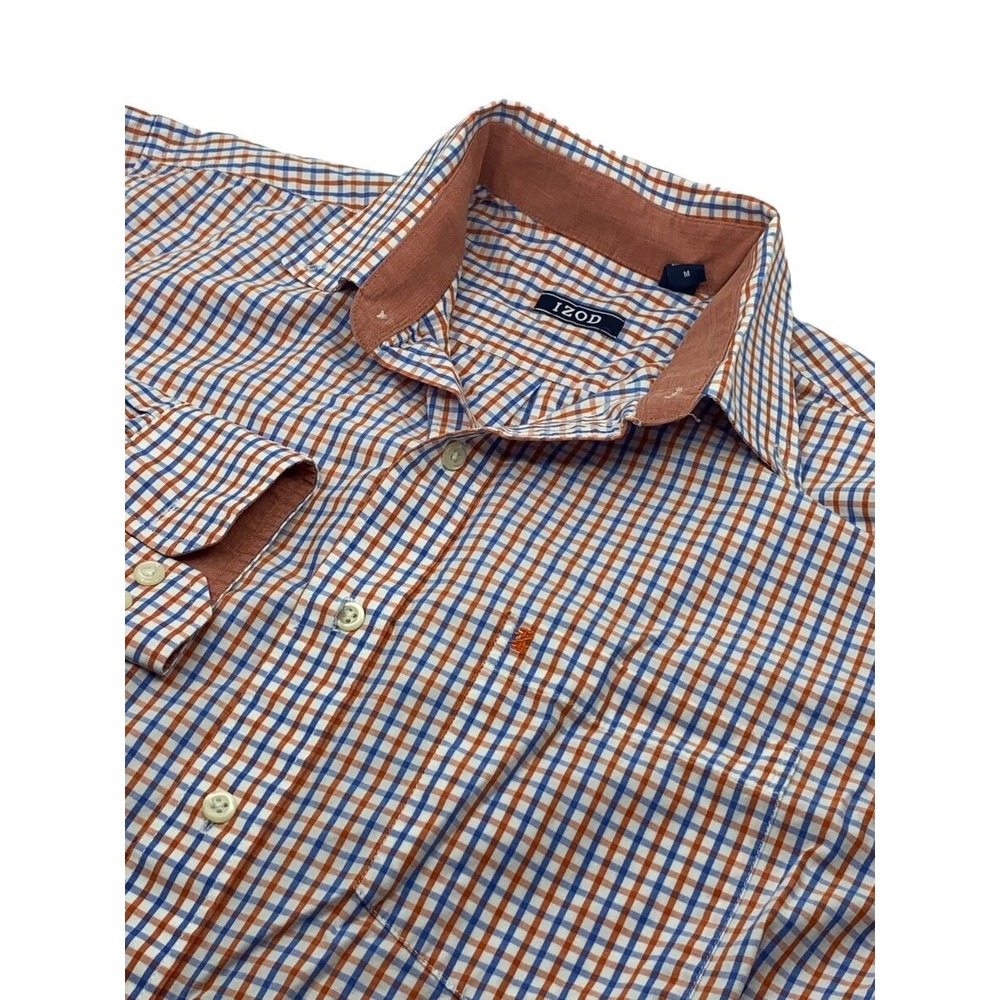Izod Men's Long Sleeve Button Down Cotton Shirt Blue Rust‎ White Plaid Check M